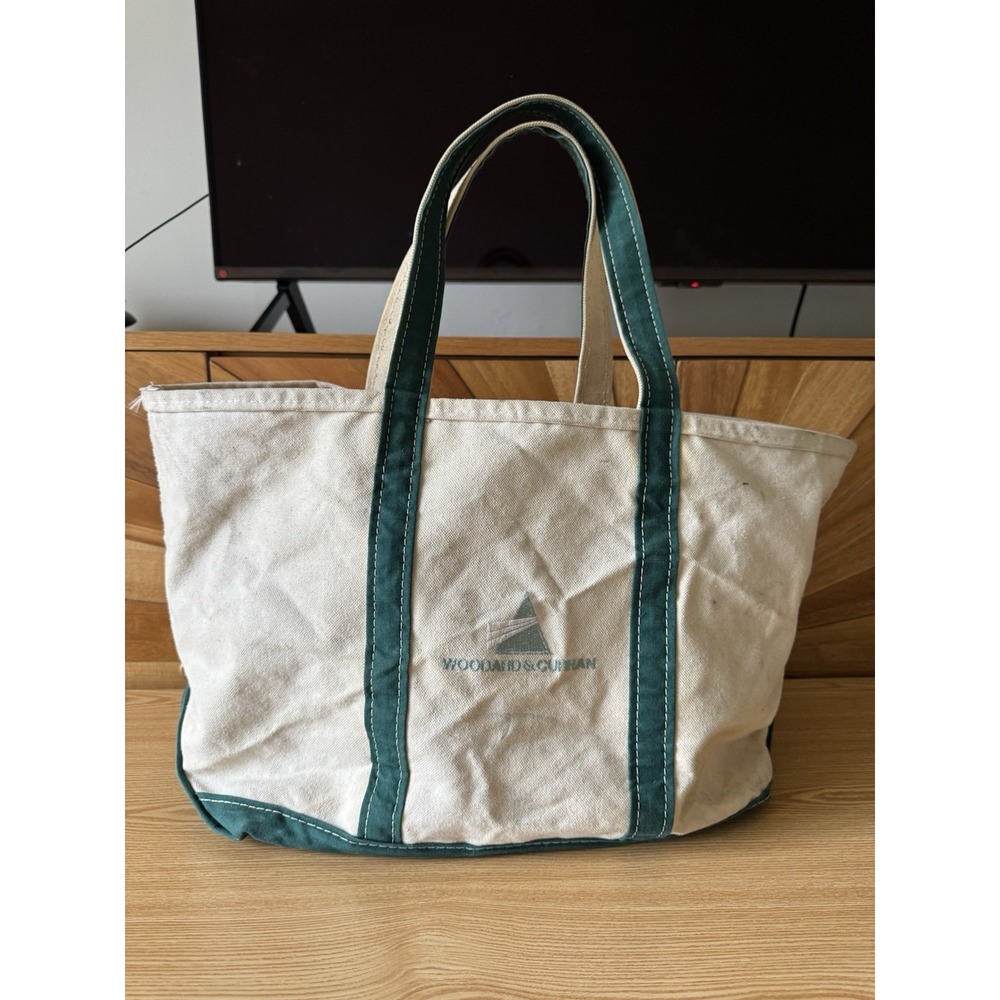 Vintage LL BEAN FREEPORT‎ MAINE Large Canvas Boat Tote Bag Green Handles
